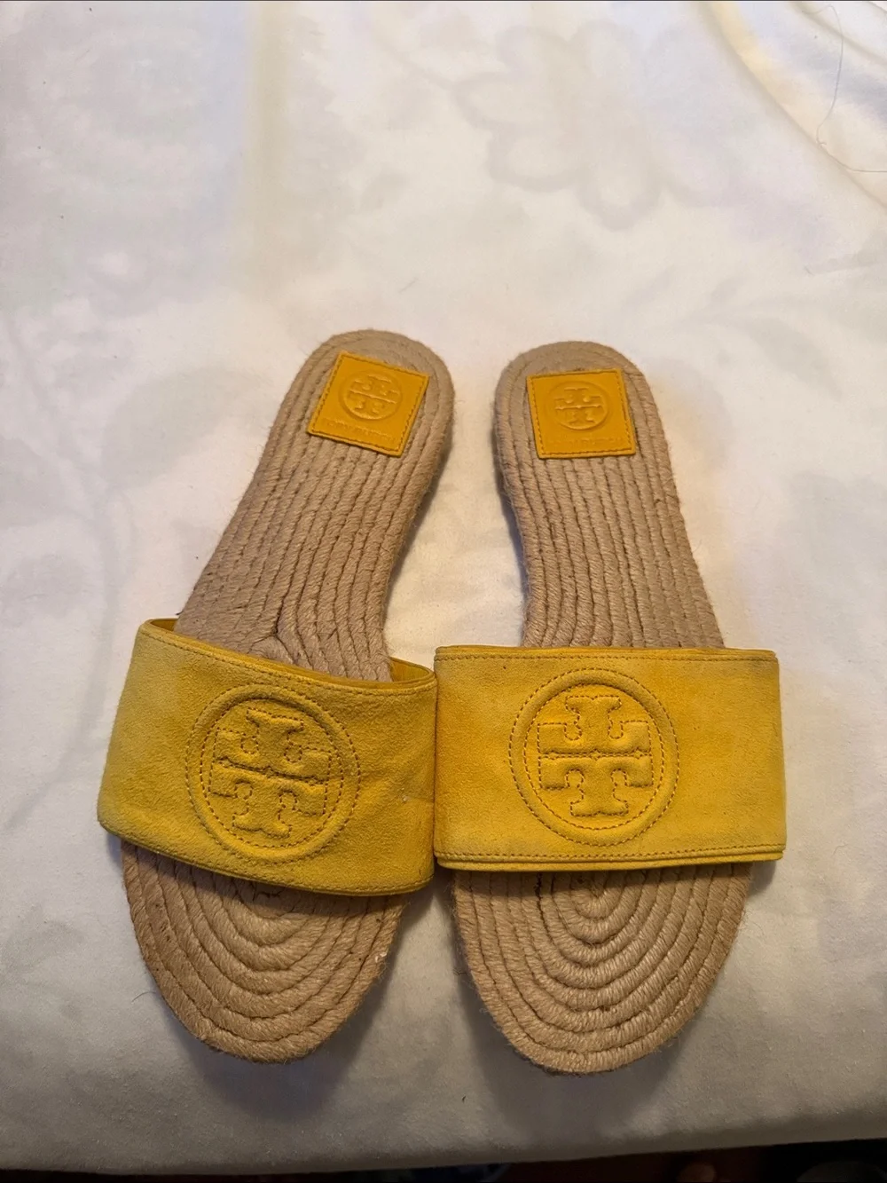Tory Burch Yellow Suede Slide Sandals with Braided Footbed